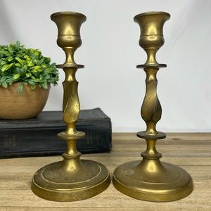 Set of 2 Vintage Twisted Brass Candlestick Holders